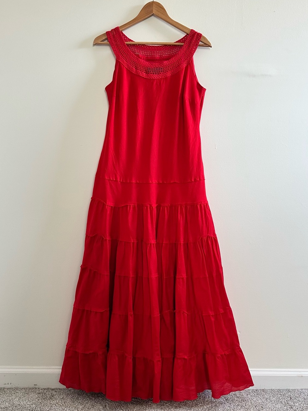 Red drop waist 100% cotton maxi dress with crochet like neck- 12